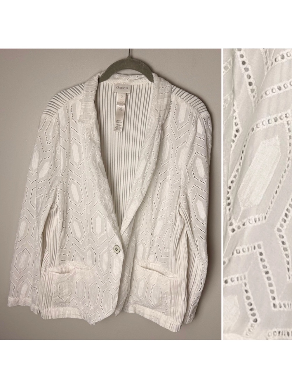 Chico’s Eyelet Blazer Size 2 (Large, 12) White Embroidered Cotton Jacket Pockets